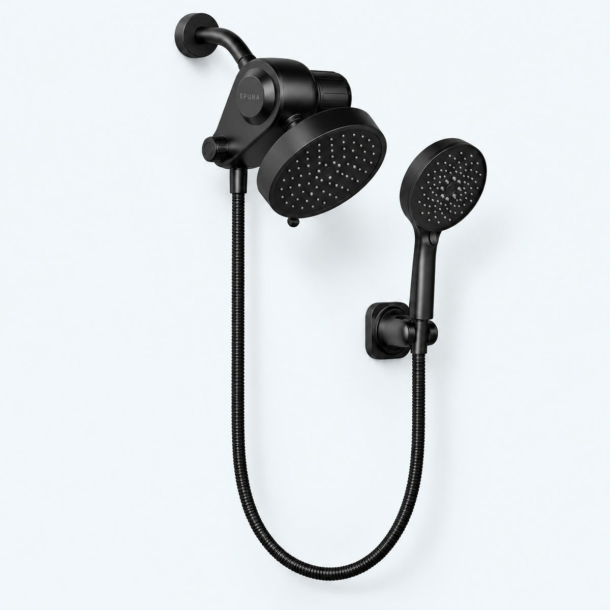 Epura filtered shower system in matte black with rainfall head and handheld