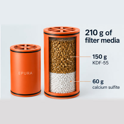 Epura cartridge with 210 g of filter media: 150 g KDF-55 and 60 g calcium sulfite