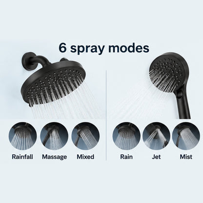 6 spray modes across the rainfall head and handheld