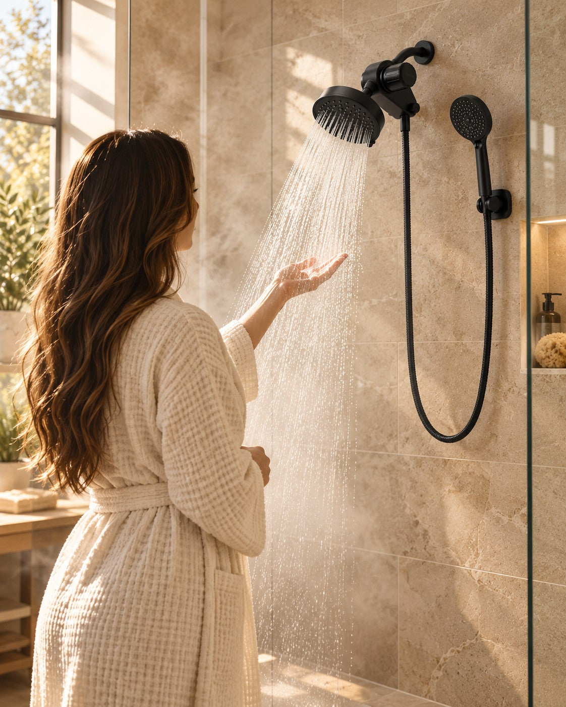 Woman in a robe testing the water under the Epura rainfall head