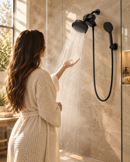 Woman in a robe testing the water under the Epura rainfall head