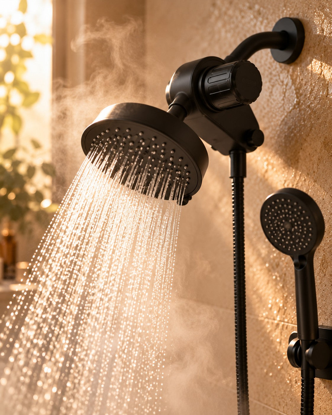 Hot water running through the matte black Epura rainfall head