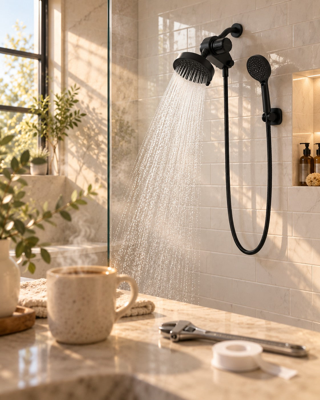Coffee on the bathroom counter with Epura freshly installed