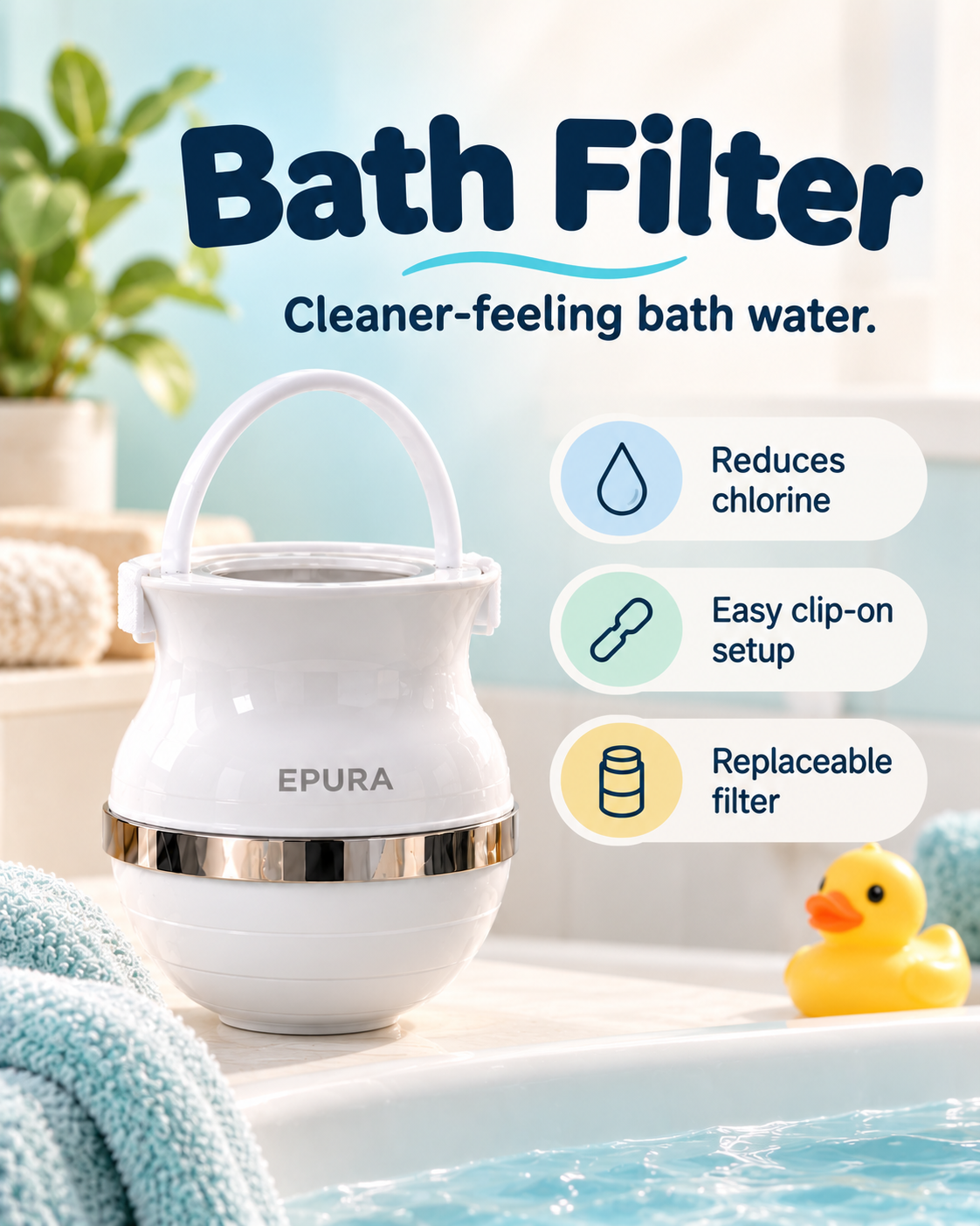 Epura Bath Filter: white pod bath filter with loop handle, reduces chlorine, easy clip-on setup, replaceable filter