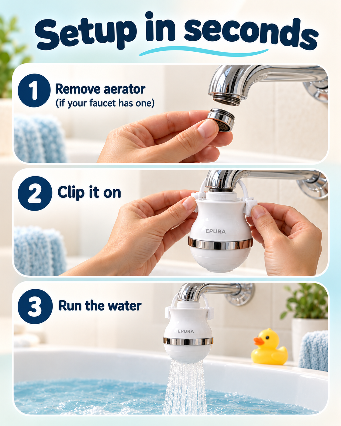 Setup in seconds: remove aerator, clip it on, run the water