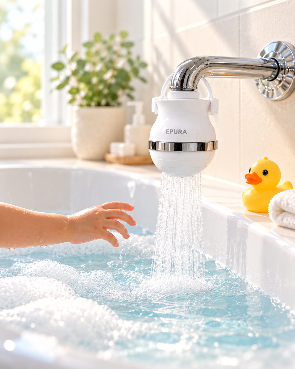 The Epura Bath Filter clipped on a bath faucet with water flowing into the tub