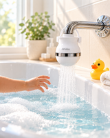 Epura Bath Filter clipped onto a bath faucet with water flowing into the tub and a child's hand reaching in